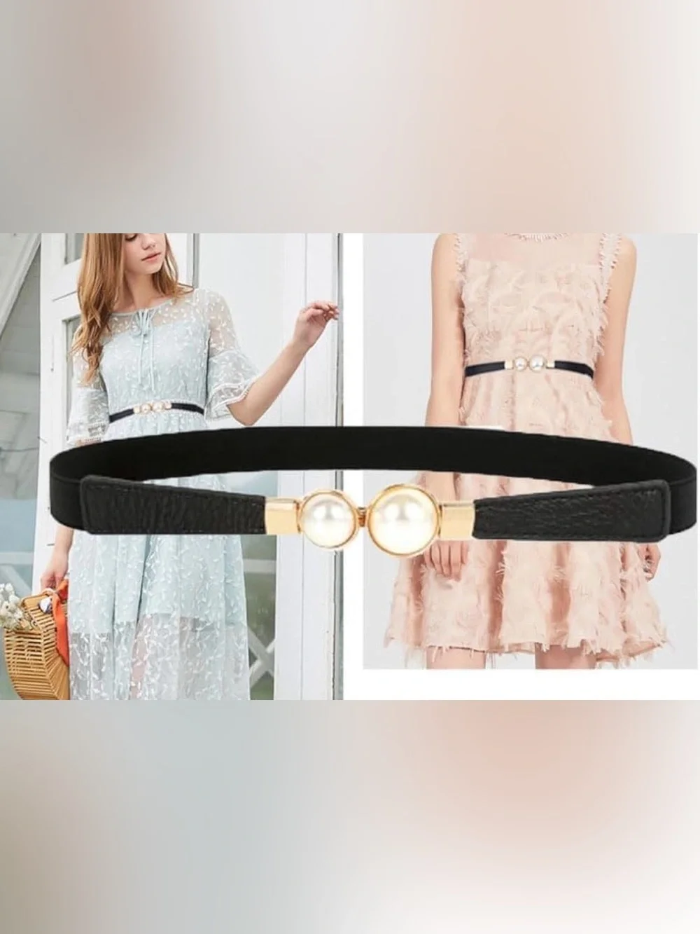 Double Pearl Skinny Elastic Waist Belt - Black Gold Minimalist - Fits S - L - Picture 3 of 8
